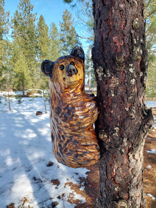 Wood Carved Climbing Bear for Posts, Poles, Trees, and More - 15 Inches, Easy to Mount and Display - Brown