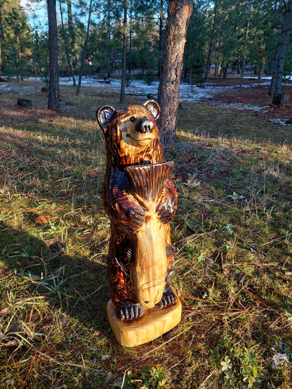Wood Carved Bear with Fish 30"