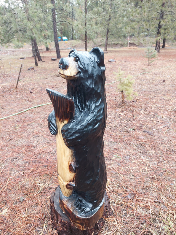 Wood Carved Bear with Fish 30" - Black