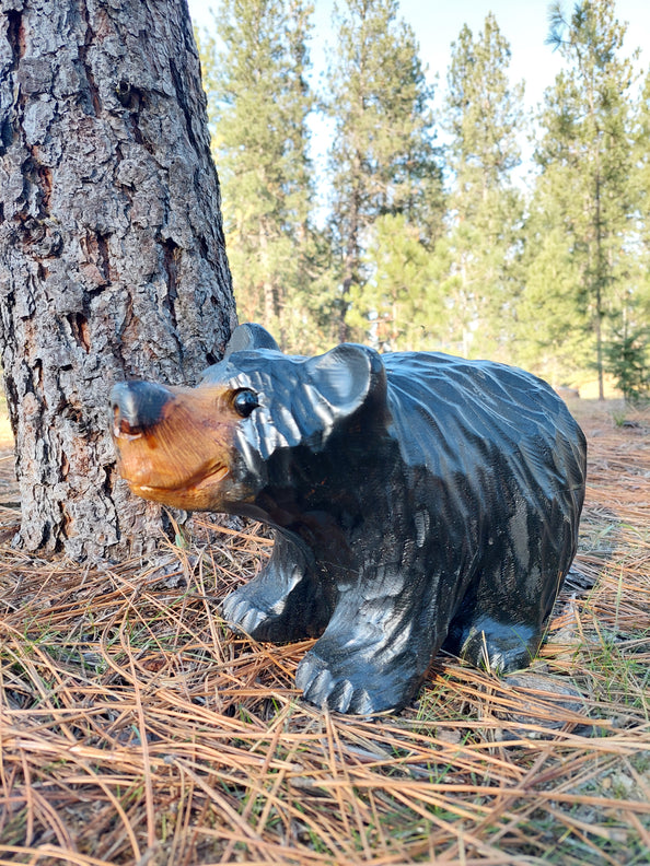Chainsaw Carved Bear on All Fours- 12'' - Black