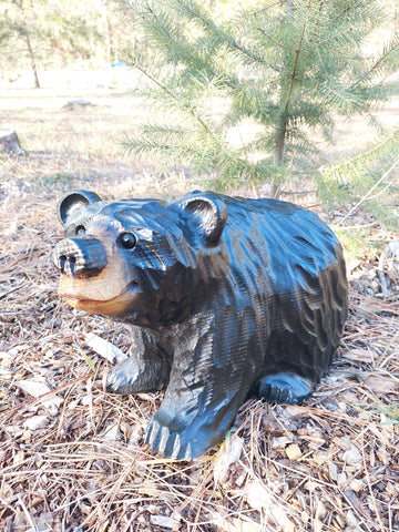 Handcrafted Wood Carving of Bear Standing on All 4s - 15 Inches, Chainsaw Carving, Looking Left - Black