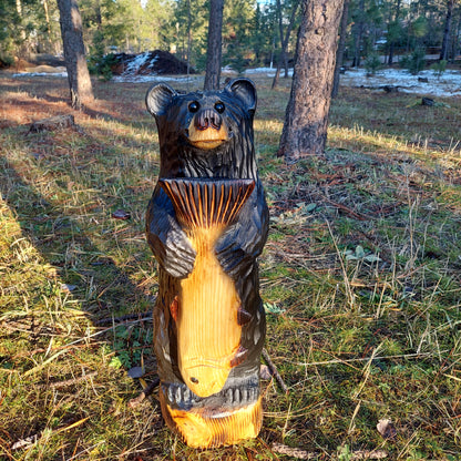 Handcrafted Wooden Bear with Fish 24"