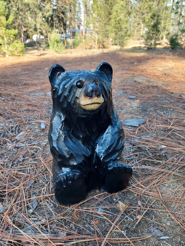 Chainsaw Carved Wooden Sitting Bear 12"- Indoors or Outdoors - Black