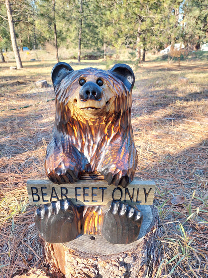 Wood Carved Bear Holding Reversible Welcome Sign - Customizable, 15 Inches Tall