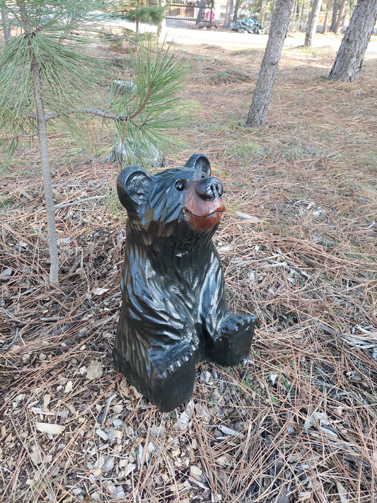 Hand-Carved Wood Bear Sitting and Looking Up - Unique Rustic Decor, 15 inches Tall