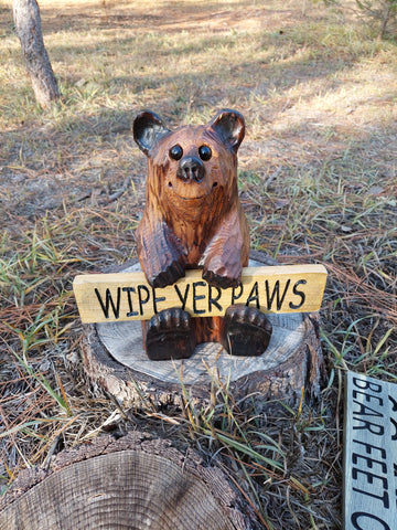 Wood Carved Bear Holding Welcome, Reversible Sign 11''- Customizable