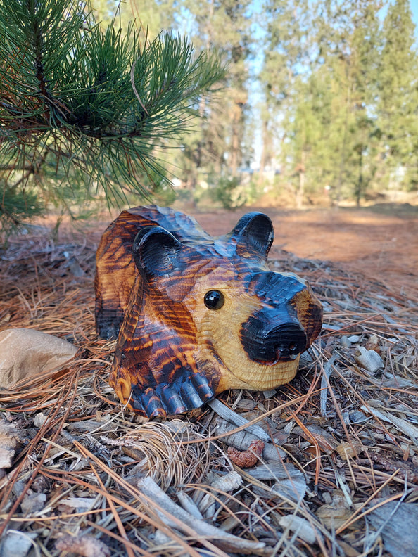 Hand-Carved Wood Bear Peeking 10'' - Brown