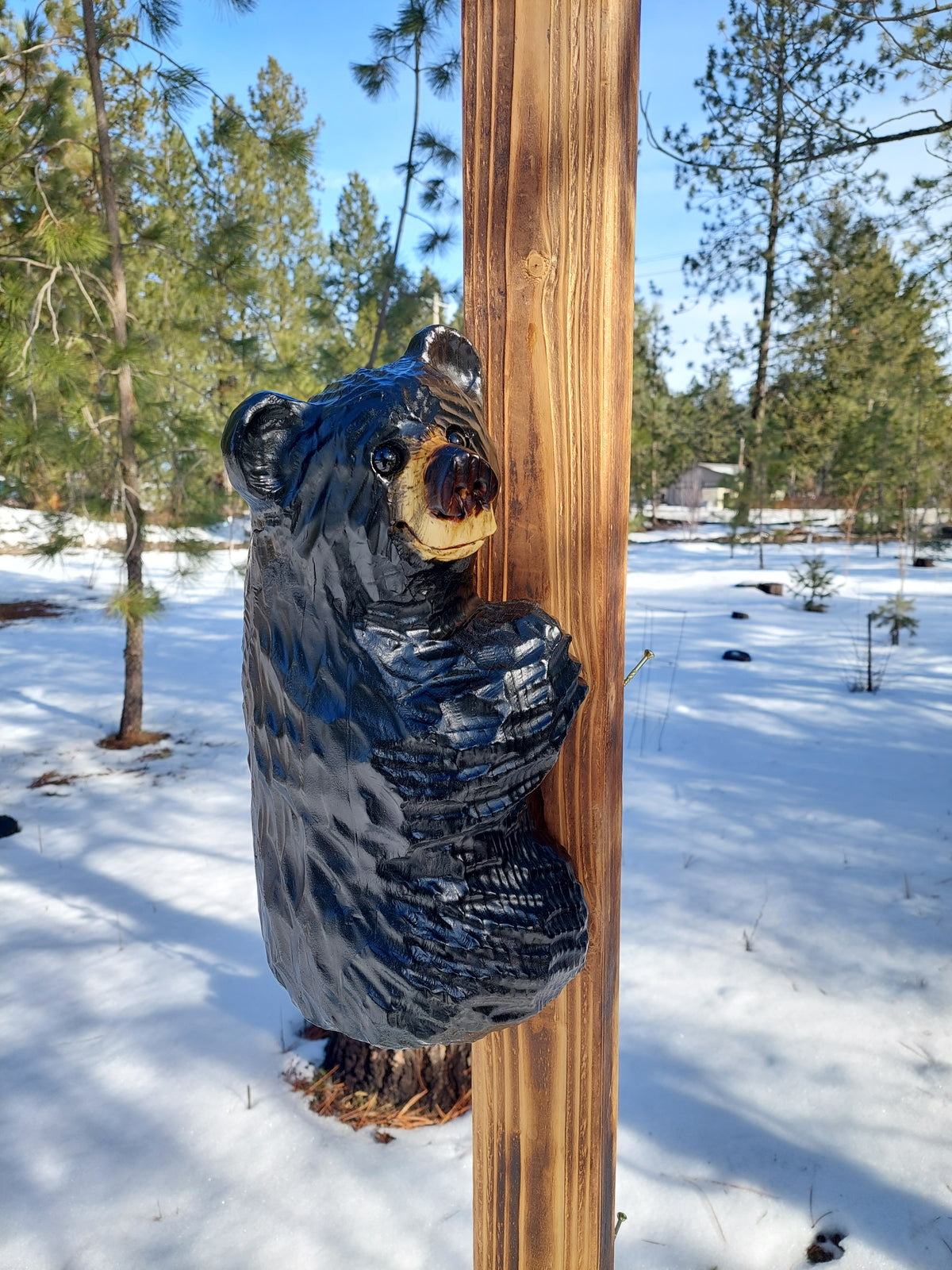 Wood Carved Climbing Bear for Posts, Poles, Trees, and More - 15 Inches, Easy to Mount and Display - Black