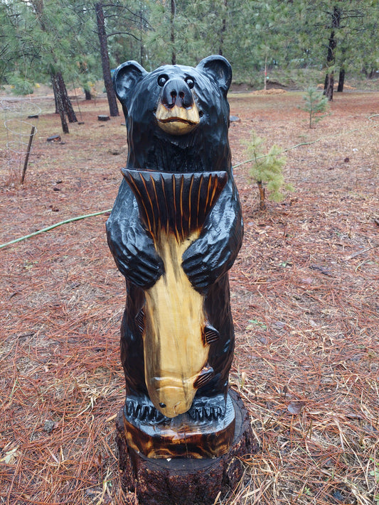 Wood Carved Bear with Fish 30" - Black