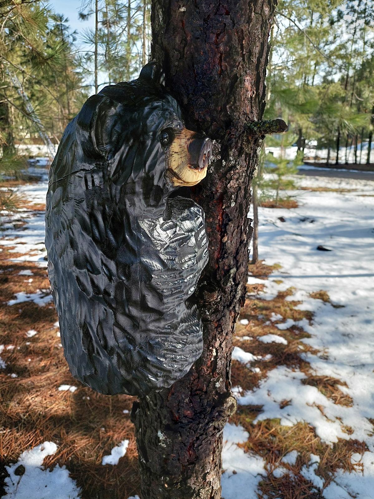 Wood Carved Climbing Bear for Posts, Poles, Trees, and More - 15 Inches, Easy to Mount and Display - Black