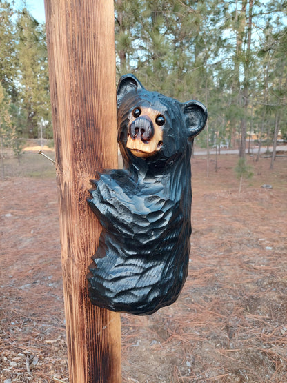 Wood Carved Climbing Bear for Posts, Poles, Trees, and More - 15 Inches, Easy to Mount and Display - Black