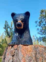 Wood Carved Bear on All Fours Looking Down 12"- Perfect for Elevated Display - Black