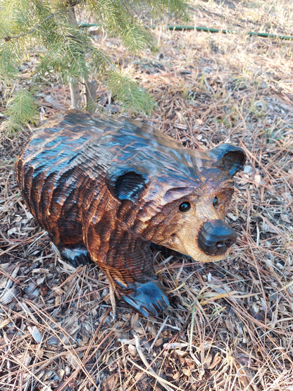 Handcrafted Wood Carving of Bear Standing on All 4s - 15 Inches, Chainsaw Carving, Looking Right