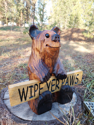 Wood Carved Bear Holding Welcome, Reversible Sign 11''- Customizable