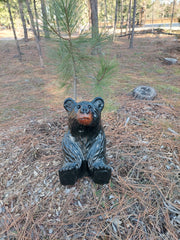 Hand-Carved Wood Bear Sitting and Looking Up - Unique Rustic Decor, 15 inches Tall - Black