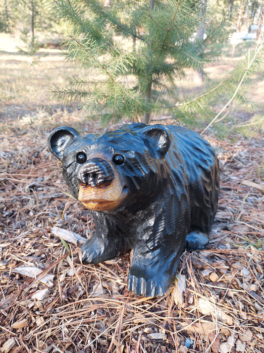 Handcrafted Wood Carving of Bear Standing on All 4s - 15 Inches, Chainsaw Carving, Looking Left - Black