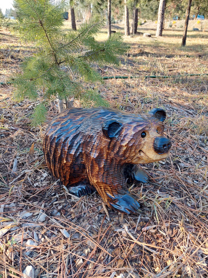 Handcrafted Wood Carving of Bear Standing on All 4s - 15 Inches, Chainsaw Carving, Looking Right