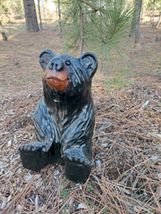 Hand-Carved Wood Bear Sitting and Looking Up - Unique Rustic Decor, 15 inches Tall - Black