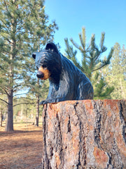 Wood Carved Bear on All Fours Looking Down 12"- Perfect for Elevated Display - Black
