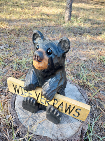 Wood Carved Bear Holding Welcome, Reversible Sign 11''- Customizable