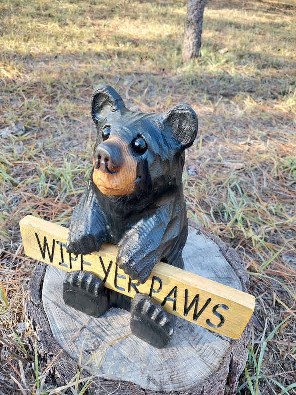 Wood Carved Bear Holding Welcome, Reversible Sign 11''- Customizable