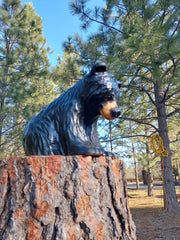 Wood Carved Bear on All Fours Looking Down 12"- Perfect for Elevated Display - Black