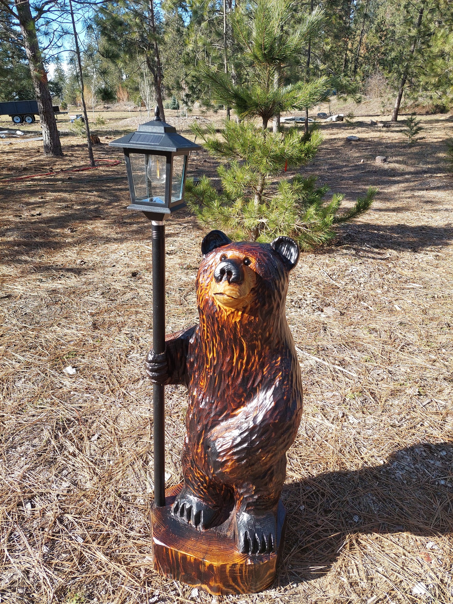 36" Wood Carved Bear with Lantern, Flag, Fishing Pole