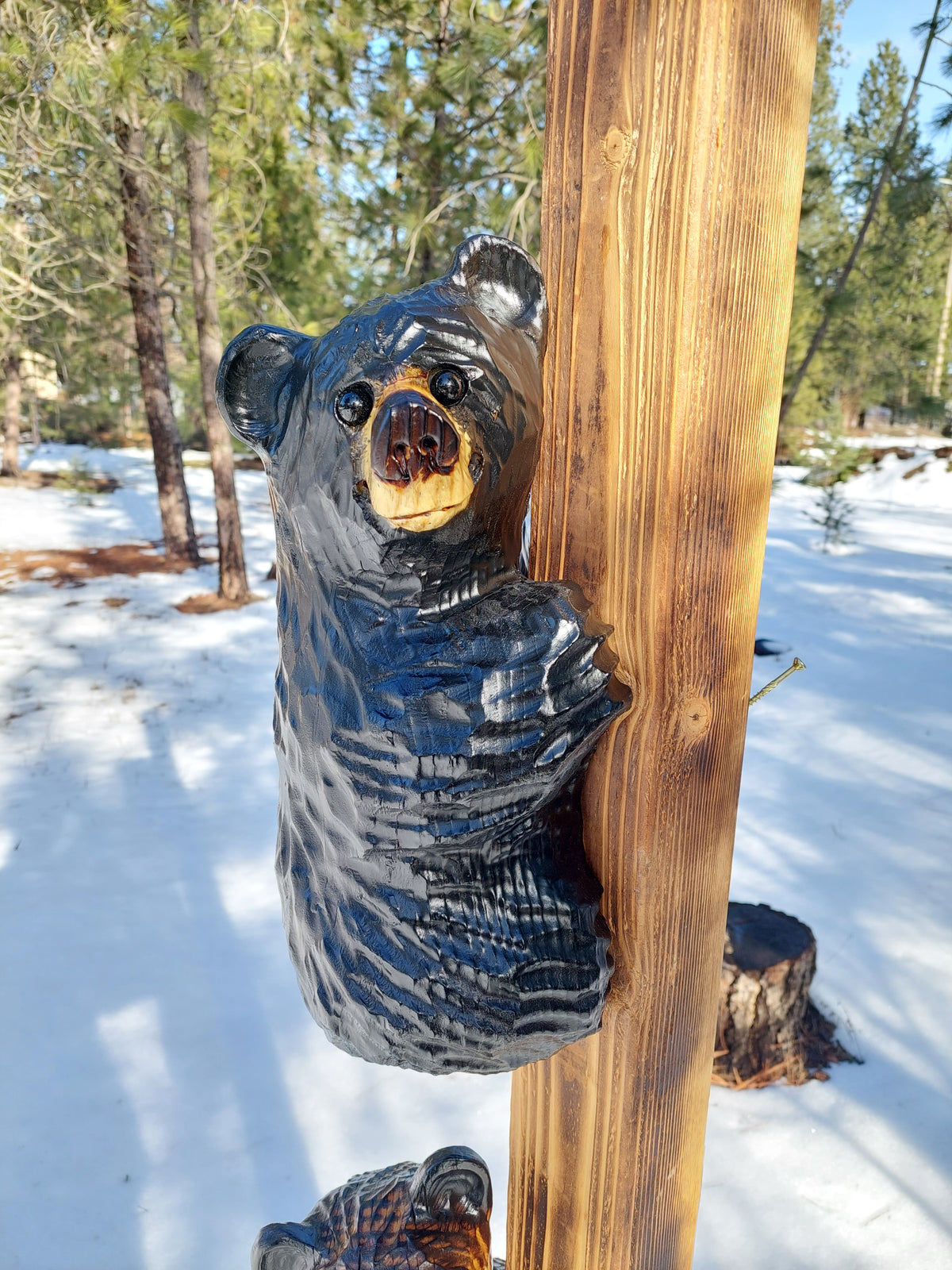 Wood Carved Climbing Bear for Posts, Poles, Trees, and More - 15 Inches, Easy to Mount and Display - Black