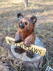 Wood Carved Bear Holding Welcome, Reversible Sign 11''- Customizable