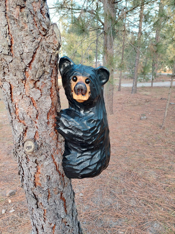 Wood Carved Climbing Bear for Posts, Poles, Trees, and More - 15 Inches, Easy to Mount and Display - Black