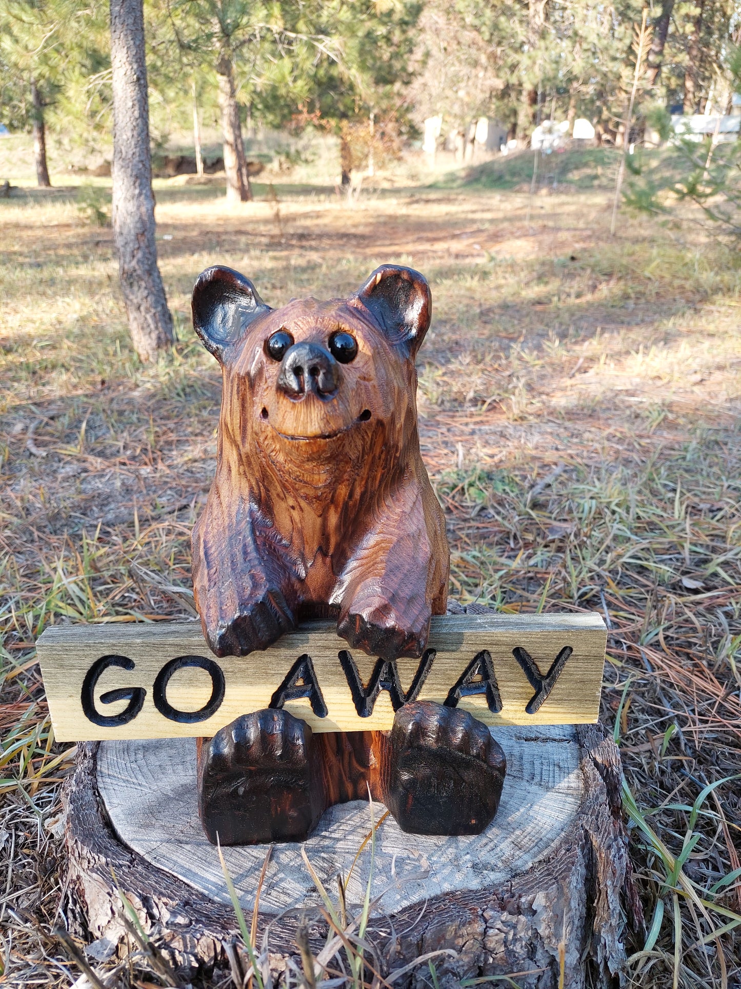 Wood Carved Bear Holding Welcome, Reversible Sign 11''- Customizable