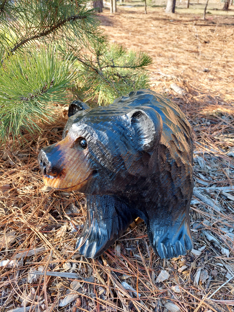 Handcrafted Wood Carving of Bear Standing on All 4s - 15 Inches, Chainsaw Carving, Looking Right - Black