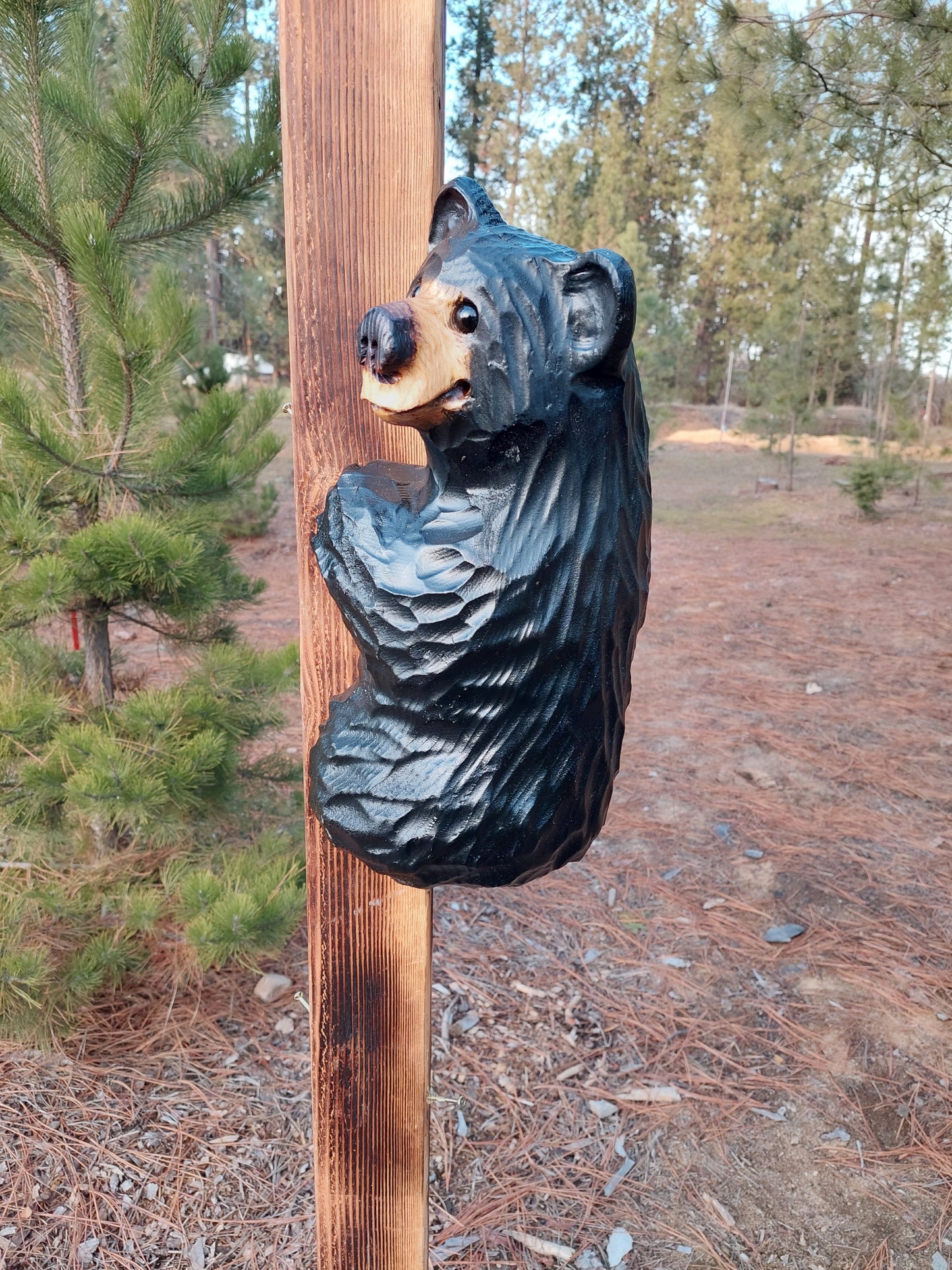 Wood Carved Climbing Bear for Posts, Poles, Trees, and More - 15 Inches, Easy to Mount and Display - Black