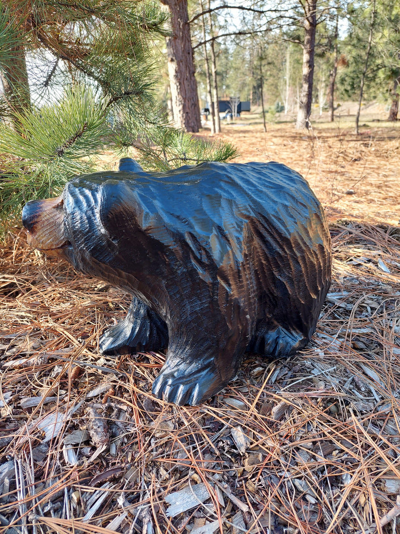 Handcrafted Wood Carving of Bear Standing on All 4s - 15 Inches, Chainsaw Carving, Looking Right - Black
