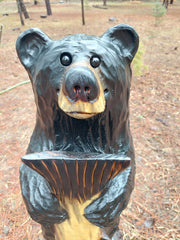 Wood Carved Bear with Fish 30" - Black