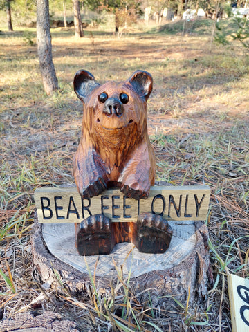 Wood Carved Bear Holding Welcome, Reversible Sign 11''- Customizable
