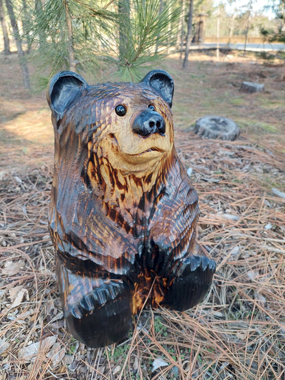 Handcrafted Wood Carved Sitting Bear - 15 Inches Tall, Looking Straight Ahead