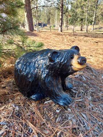 Handcrafted Wood Carving of Bear Standing on All 4s - 15 Inches, Chainsaw Carving, Looking Right - Black