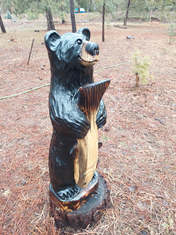 Wood Carved Bear with Fish 30" - Black