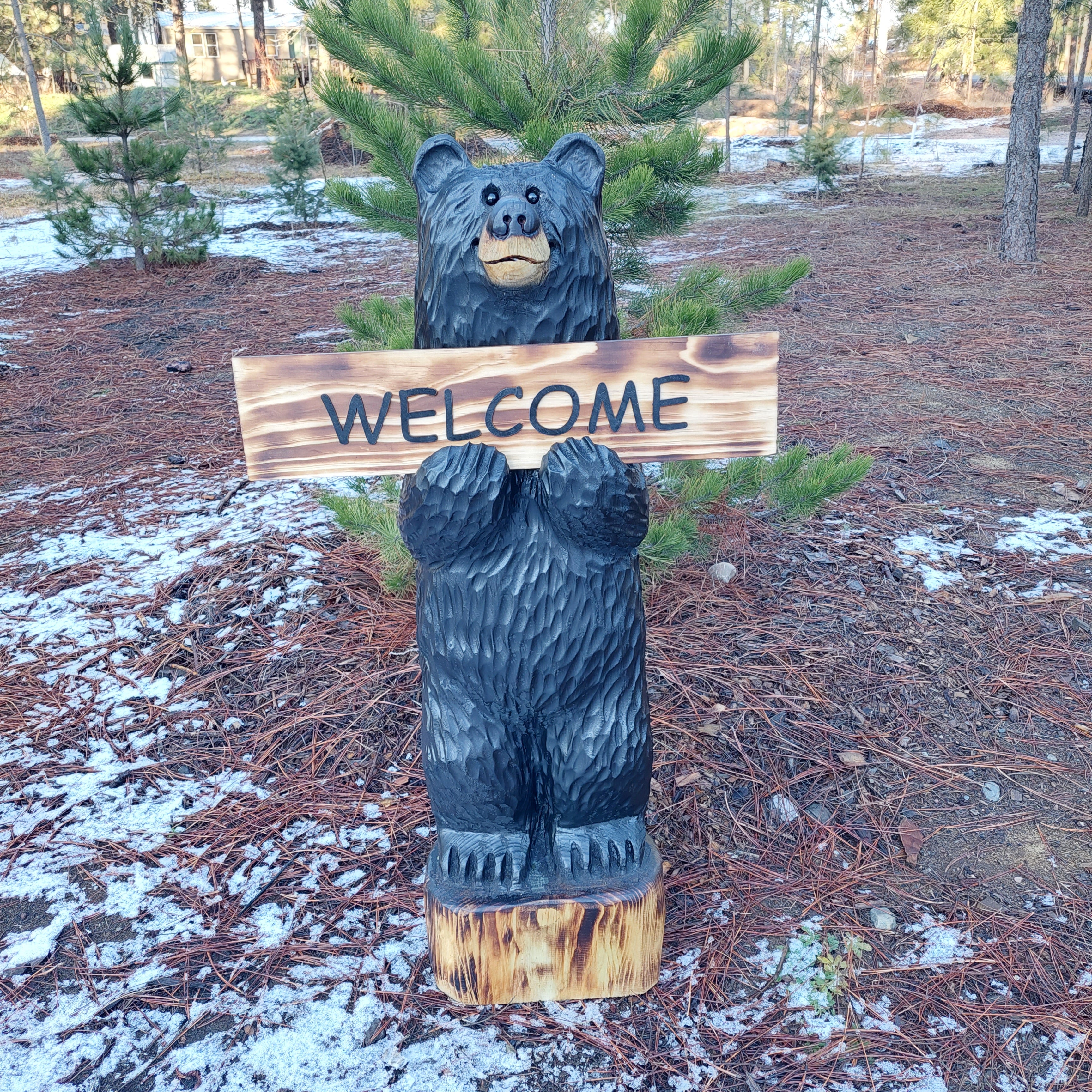 Black Bear Carving with Reversible Welcome Sign