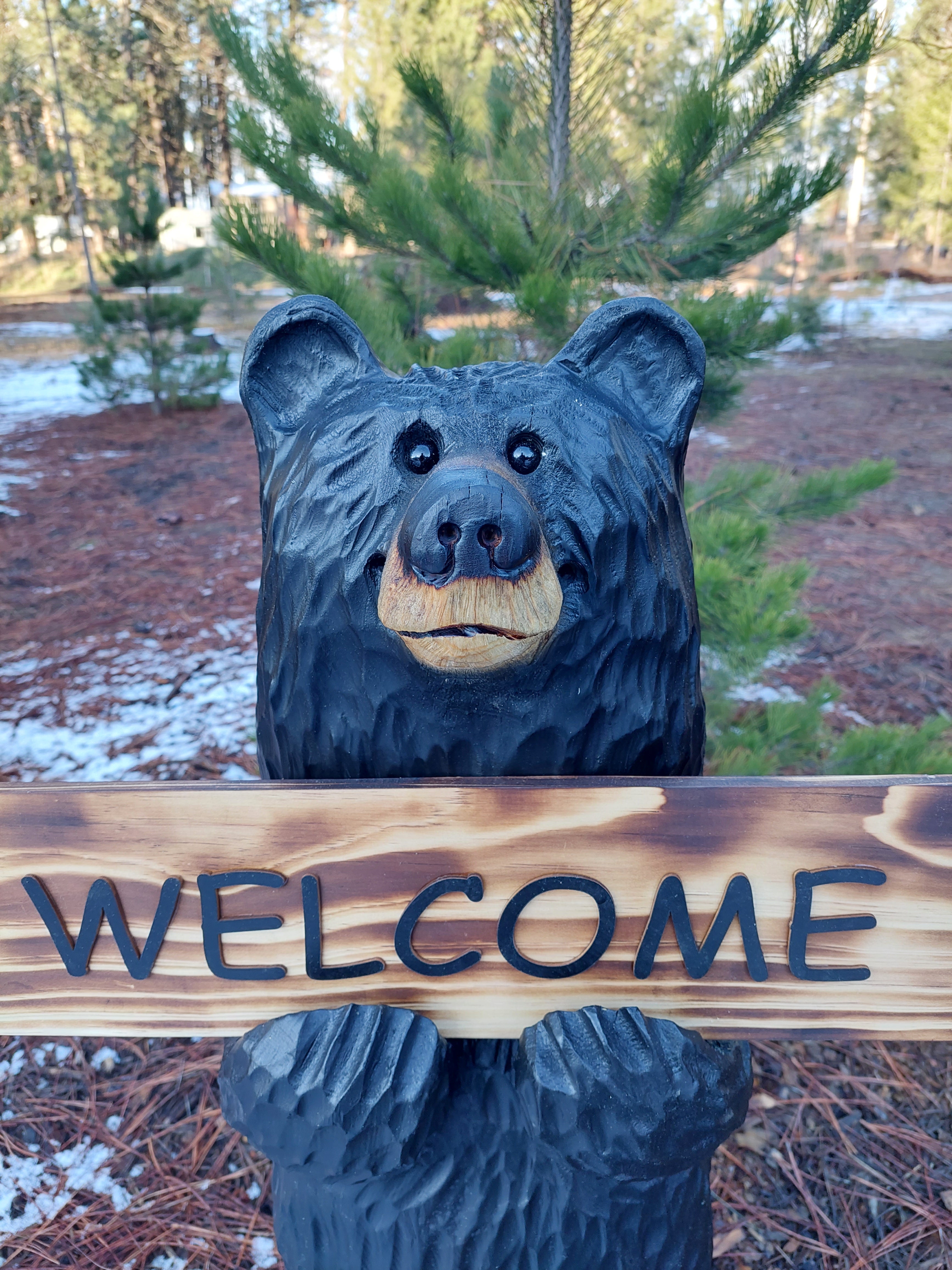 Black Bear Carving with Reversible Welcome Sign