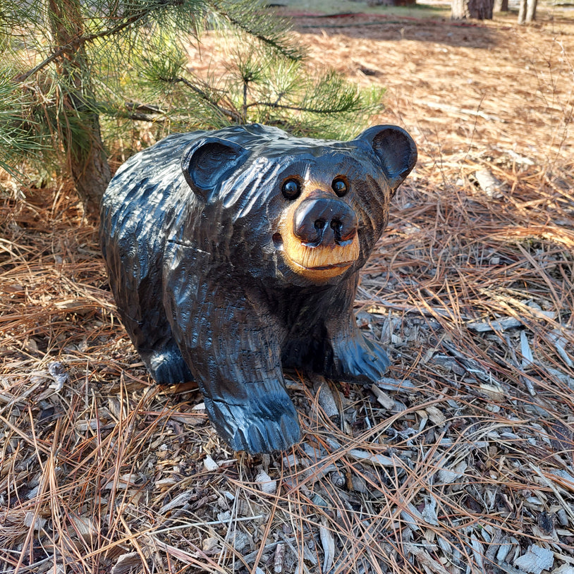 Handcrafted Wood Carving of Bear Standing on All 4s - 15 Inches, Chainsaw Carving, Looking Right - Black