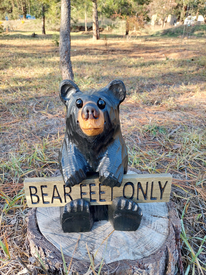 Wood Carved Bear Holding Welcome, Reversible Sign 11''- Customizable