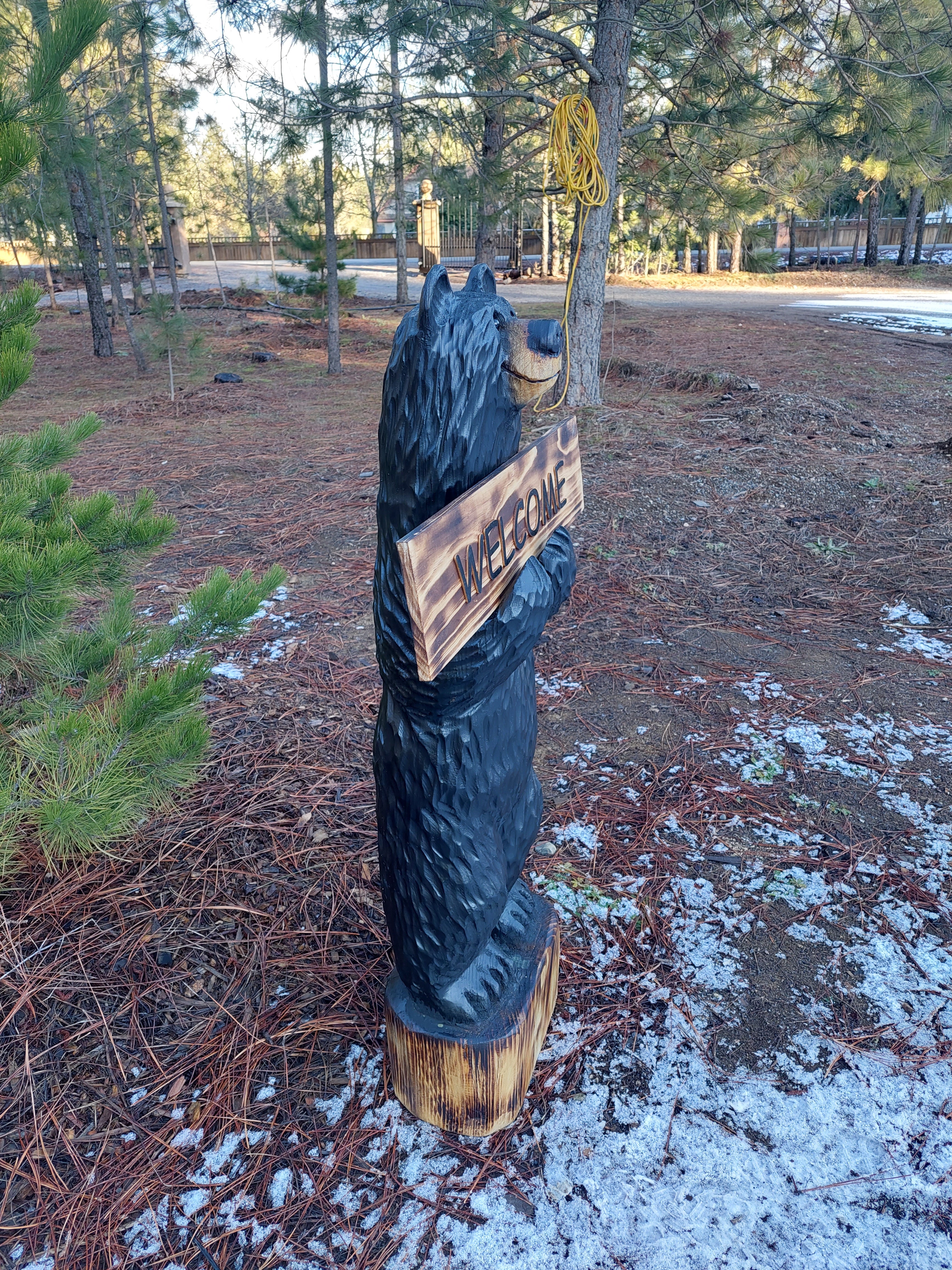 Black Bear Carving with Reversible Welcome Sign