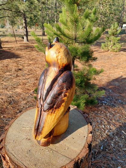 Handcrafted Wood Carving of Owl Perched on Stump - 15 Inches, with Piercing Eyes