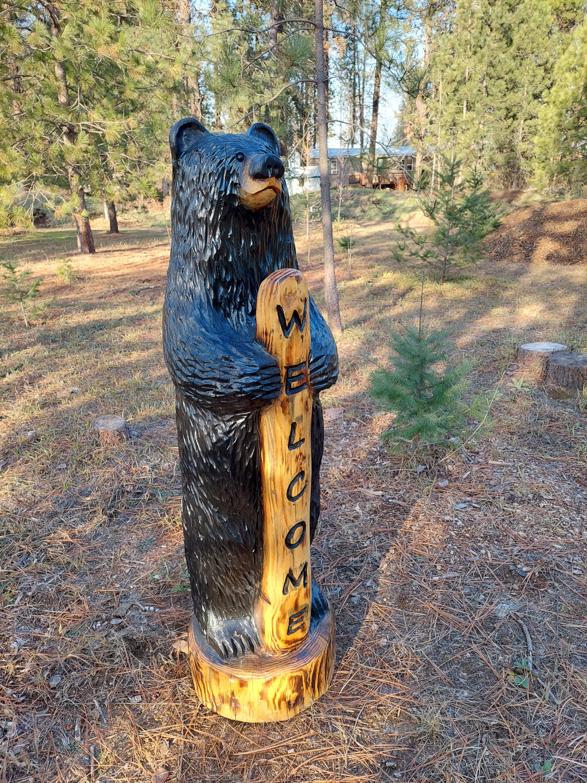 Large Hand-Carved Welcome Bear 5'6" - Perfect for Entryways - Black