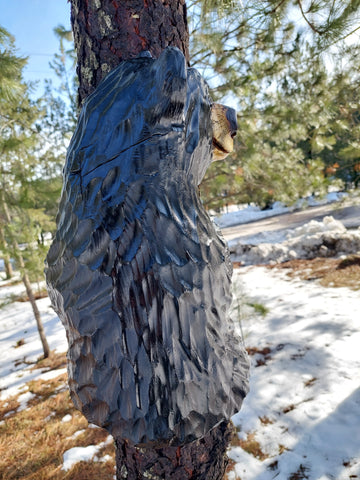 Wood Carved Climbing Bear for Posts, Poles, Trees, and More - 15 Inches, Easy to Mount and Display - Black