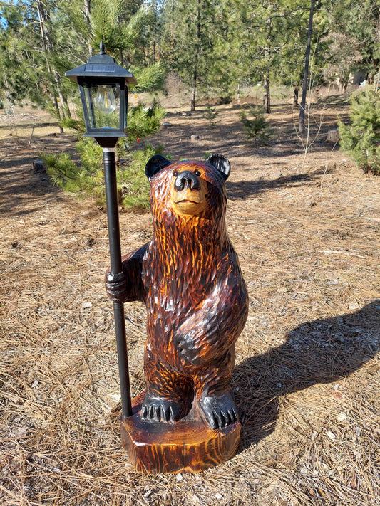 #64 36" Wood Carved Bear with Lantern, Flag, Fishing Pole