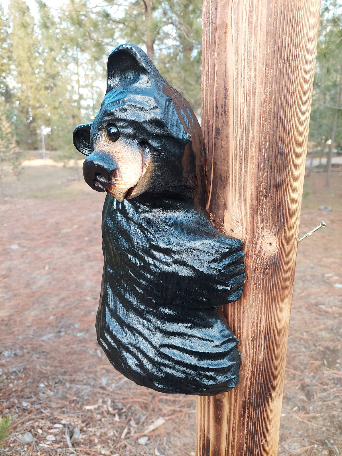 Wood Carved Climbing Bear for Posts, Poles, Trees, and More - 15 Inches, Easy to Mount and Display - Black