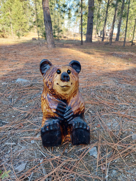 Wood Carved Sitting Bear 12"